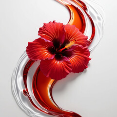 A vibrant hibiscus flower in shades of deep red and orange, with petals melting into fluid