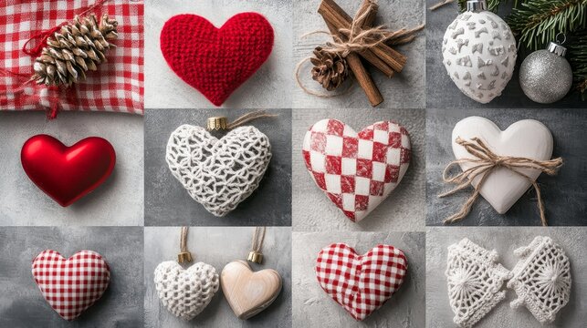 A collection of Christmas ornaments, including hearts, stars, and pine cones