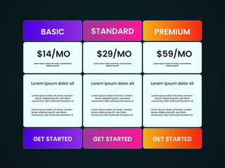 Pricing table. Price chart template, business plan pricing grid, web banner checklist design template. Vector compare price design list