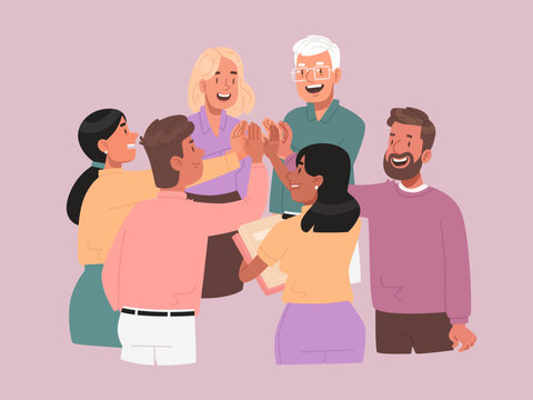 Team of happy colleagues high five celebrating new achievements and successes at work. Concept of unity and cohesion and partnership in the team. Vector illustration