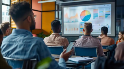 Business Professionals in Meeting Reviewing Financial Data Presentation for Strategic Planning