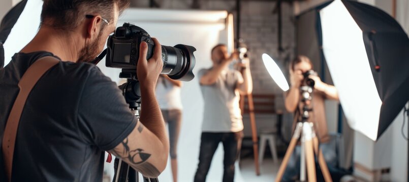 Photography Class: Adults Learning Camera Techniques in a Stylish Studio Setting - Powered by Adobe