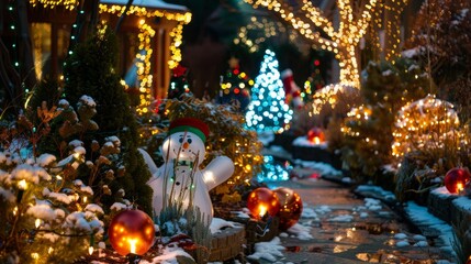 Fototapeta premium Festive Garden Decorated with Christmas Lights and Inflatable Snowman for a Winter Wonderland
