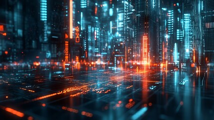 Obraz premium Abstract cyberpunk city with glowing neon lights and a futuristic digital landscape.