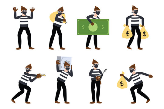 thief poses flat style illustration vector design set bundle
