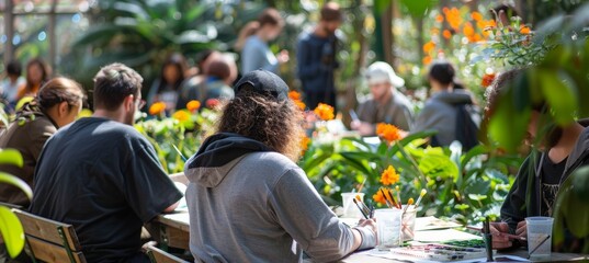 Group Art Lesson in a Botanical Garden Focusing on Drawing and Painting Flowers and Plants - Perfect for Educational Posters