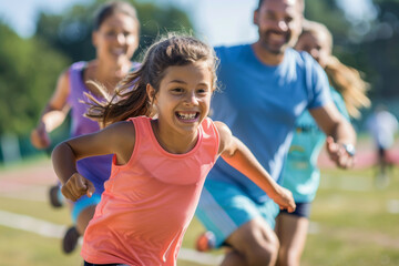 Family Support at School Sports Day: Child Running Race with Proud Parents and Excited Participants