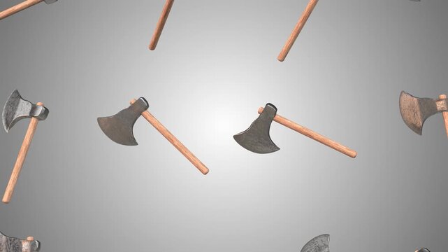 3D Wooden Axe Falling on a Grey Background. Falling Axe 3D Animation. 4K
