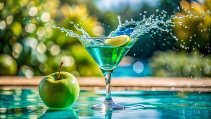 vibrant tropical fruit fusion bright green apple slice floating slice glowing ice blue martini glass poolside summer splash refreshing getaway colorful