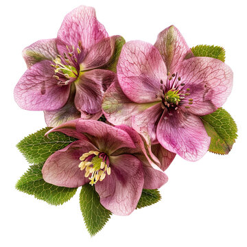 Pink hellebore flowers with leaves isolated on translucent