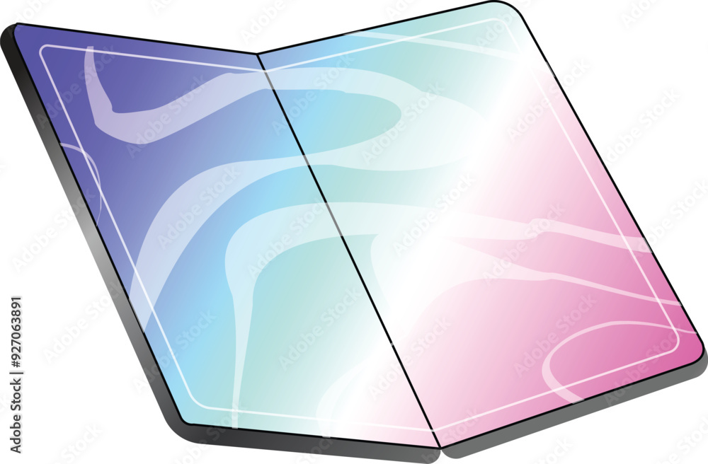 Poster modern foldable smartphone is shown open displaying blank app screens in a trendy pastel color schem