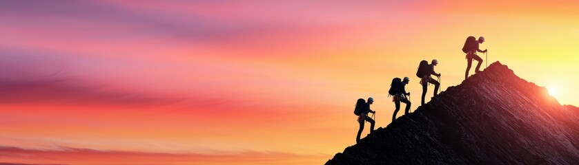 Fototapeta premium Silhouetted hikers ascend a peak at sunset, embodying adventure and exploration in a stunning natural landscape.