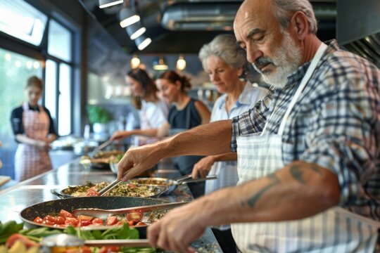 Group Cooking Class with Middle-Aged Friends Preparing Traditional Greek Dishes