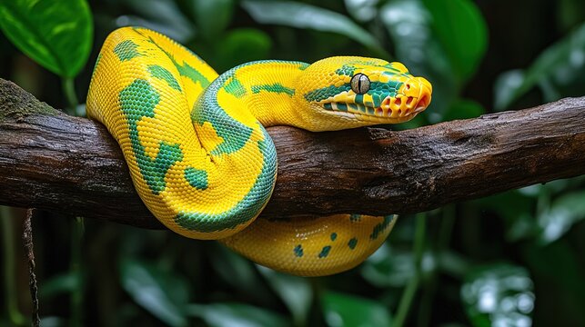 Vibrant Yellow and Green Striped Python on Branch: Perfect Poster for Jungle-Themed Sports Interiors, Showcasing Nature's Beauty with Colorful Scales Against Lush Foliage.