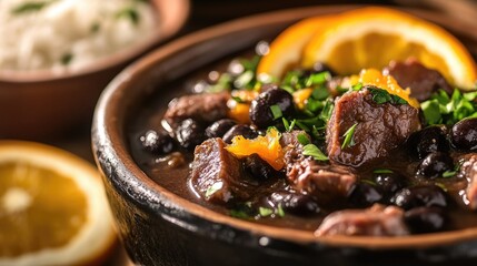 A close-up of Brazilian feijoada, a traditional black bean stew with pork, served with rice and orange slices.