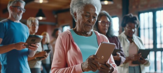 Fototapeta premium Senior Fitness Class: Older Adults Learning to Use Fitness Apps at a Community Center