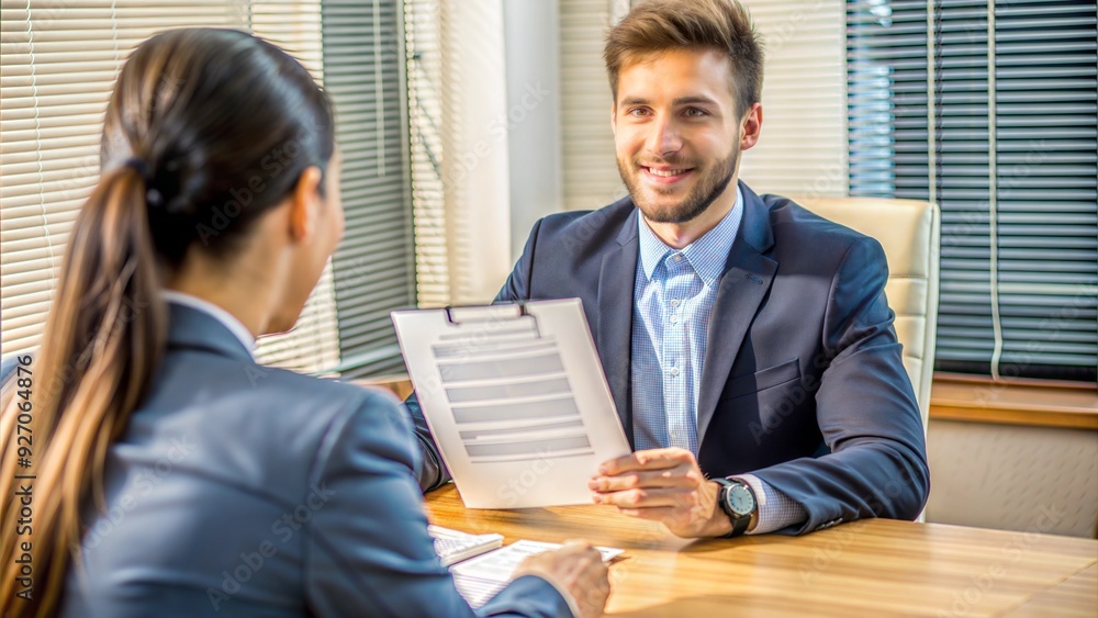 Poster  young recruiter holding candidate resume taking