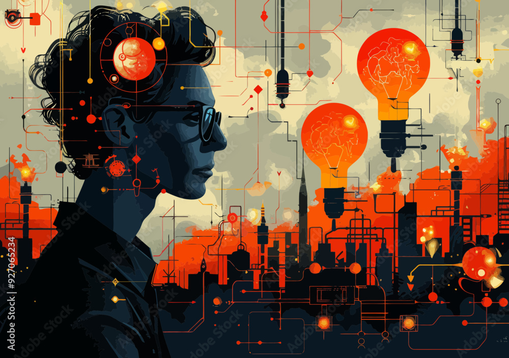 Poster innovative inventor brainstorming new ideas with technology and industry background in minimalistic 