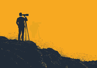 Businessman Exploring Future Opportunities with Telescope on Mountainpeak, Minimalistic Vector Illustration Representing Visionary Leadership and Strategic Planning in Finance and Business Concept