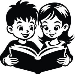 Little boy and little girl reading book illustration black and white