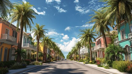 Vibrant Boulevard Bliss: Eclectic Colorful Homes Amidst Lush Palm Trees - Perfect for a Tropical-Themed Sports Interior Poster!