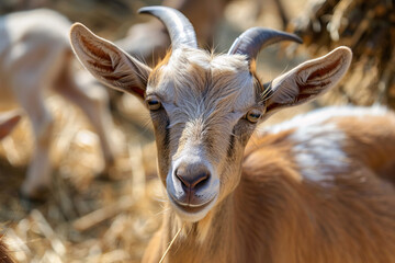 Fototapeta premium Brown and white goat with horns in sunny stable