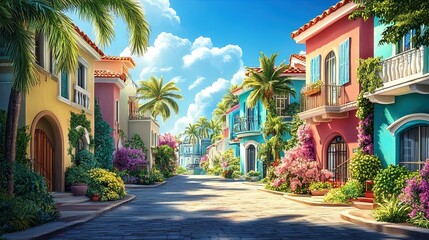 Fototapeta premium Vibrant Boulevard Bliss: Eclectic Colorful Homes Amidst Lush Palm Trees - Perfect for a Tropical-Themed Sports Interior Poster!