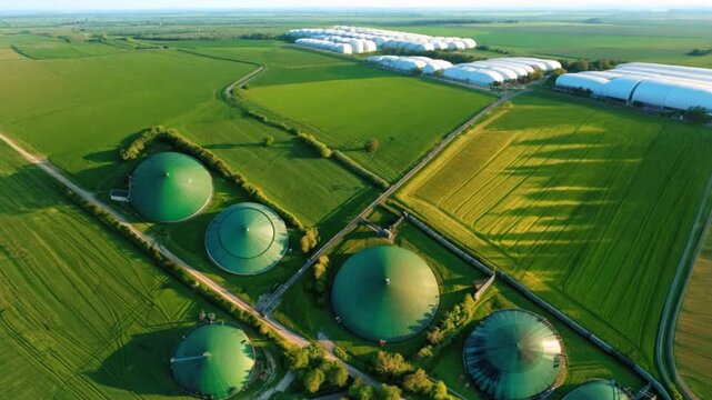 ชื่อ	
Aerial view over a green biogas storage tank. Biogas plants and farms in green fields Renewable energy from biomass modern agricultural concept