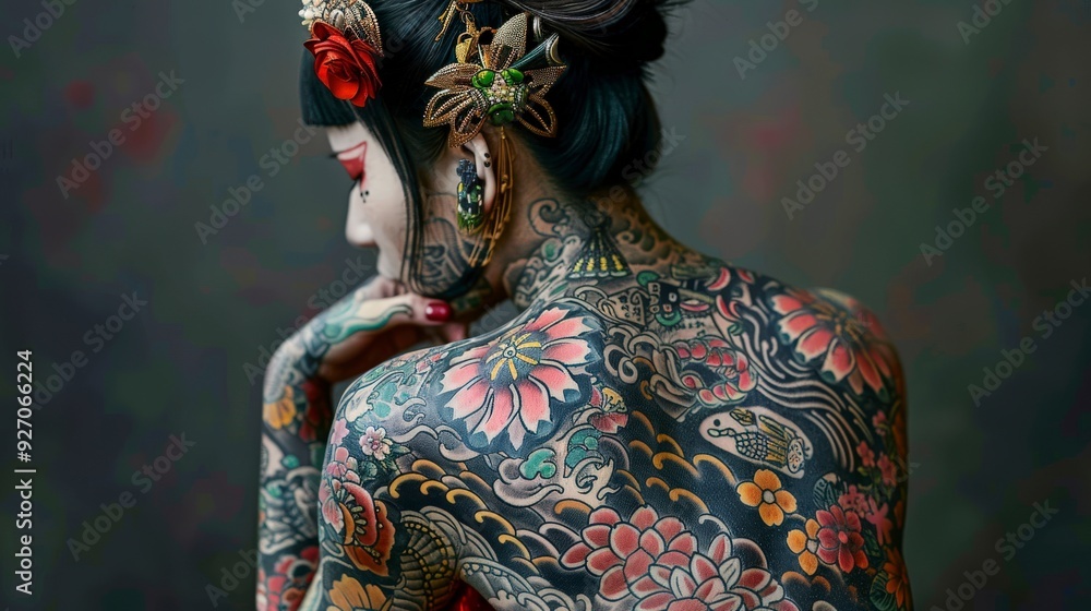 Wall mural Woman with elaborate Japanese tattoo on back, looking down.