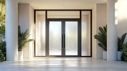 Obraz premium Elegant Frosted Glass Door with Marble Columns – Perfect for Sports Interior Posters, Capturing Stylish Outdoor Patio Charm Against Bright Stucco Wall