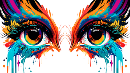 Closeup vector illustration of woman's face with dramatic eyelashes, focusing on colorful irises and intense gaze