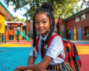 Confident student posing in a new back-to-school outfit, with a vibrant schoolyard setting highlighting the excitement and energy of the new academic year