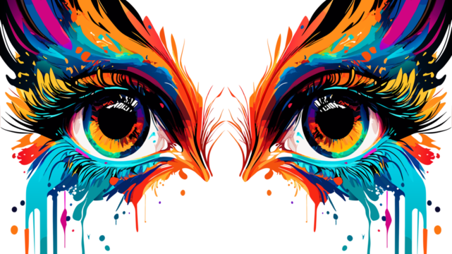 Closeup vector illustration of woman's face with dramatic eyelashes, focusing on colorful irises and intense gaze