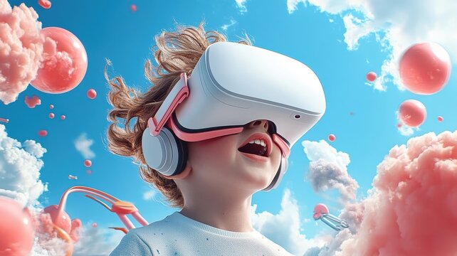Child exploring playful virtual playground with VR headset.