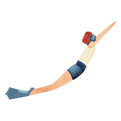 A man swims underwater with fins. Watercolor isolated illustration for the design of diplomas and sports certificates, advertising of swimming pools, competitions and resorts.