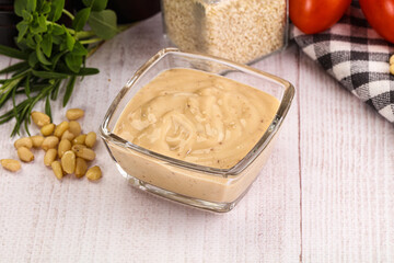 Delicious walnut creamy sauce in the bowl