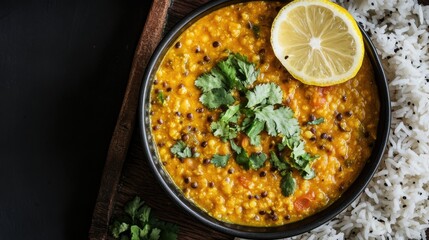 A top view of a bowl of Indian dal tadka served with rice and a slice of lemon on the side.