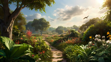 Fototapeta premium Verdant Garden Oasis, showcase the lush greenery and vibrant blooms of a flourishing garden oasis