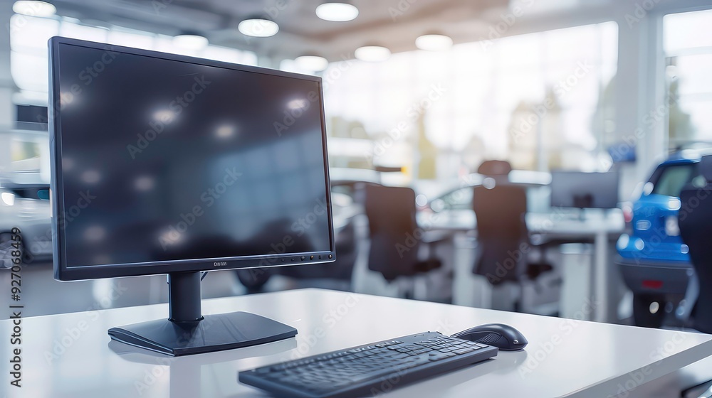 Poster a black computer monitor sits on a white desk with a black keyboard and mouse. the background is out