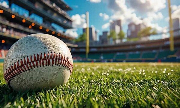 A close-up of a baseball resting on a lush green field, with a blurred background of a stadium.