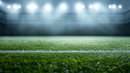 Fototapeta premium Dark background with stadium lights shining down on the green grass of an empty football field