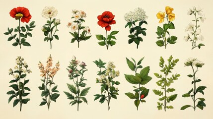 An array of plants known for their addictive substances, including opium poppies and betel nuts, in a botanical study illustration 