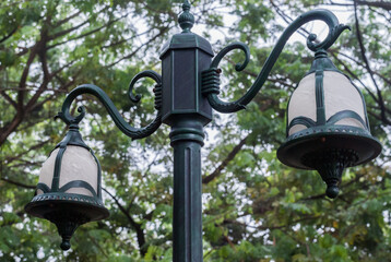 A vintage street lamp with ornate detailing stands proudly against a backdrop of lush green trees,...