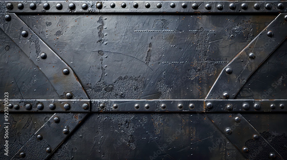 Poster a close-up of a dark metal surface with rivets and a textured pattern.