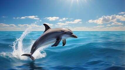 Fototapeta premium Graceful dolphin leaping out of the ocean, sparkling blue water under a clear,