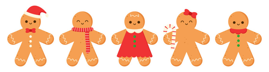 Set of cute gingerbread xmas cookies decoration clipart merry christmas flat illustration sticker 