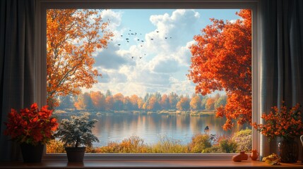 An autumn view from a nursing home, where the gentle fall of leaves creates a serene and reflective atmosphere 