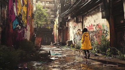 Obraz premium Striking Yellow Coat in a Vibrant Street Art Alley: A Stunning Poster for Urban Sports Interiors Highlighting Contrast in Decay and Brightness