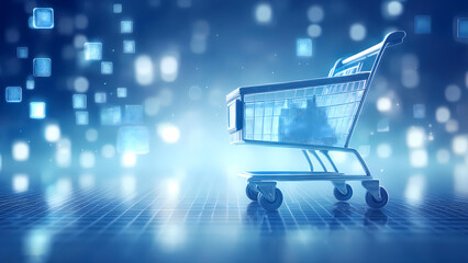 e-commerce blue to transactional silver background with pixelated motifs of shopping carts