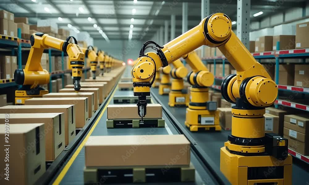 Poster a robotic arm reaches out to pick up a box on a conveyor belt in a warehouse.